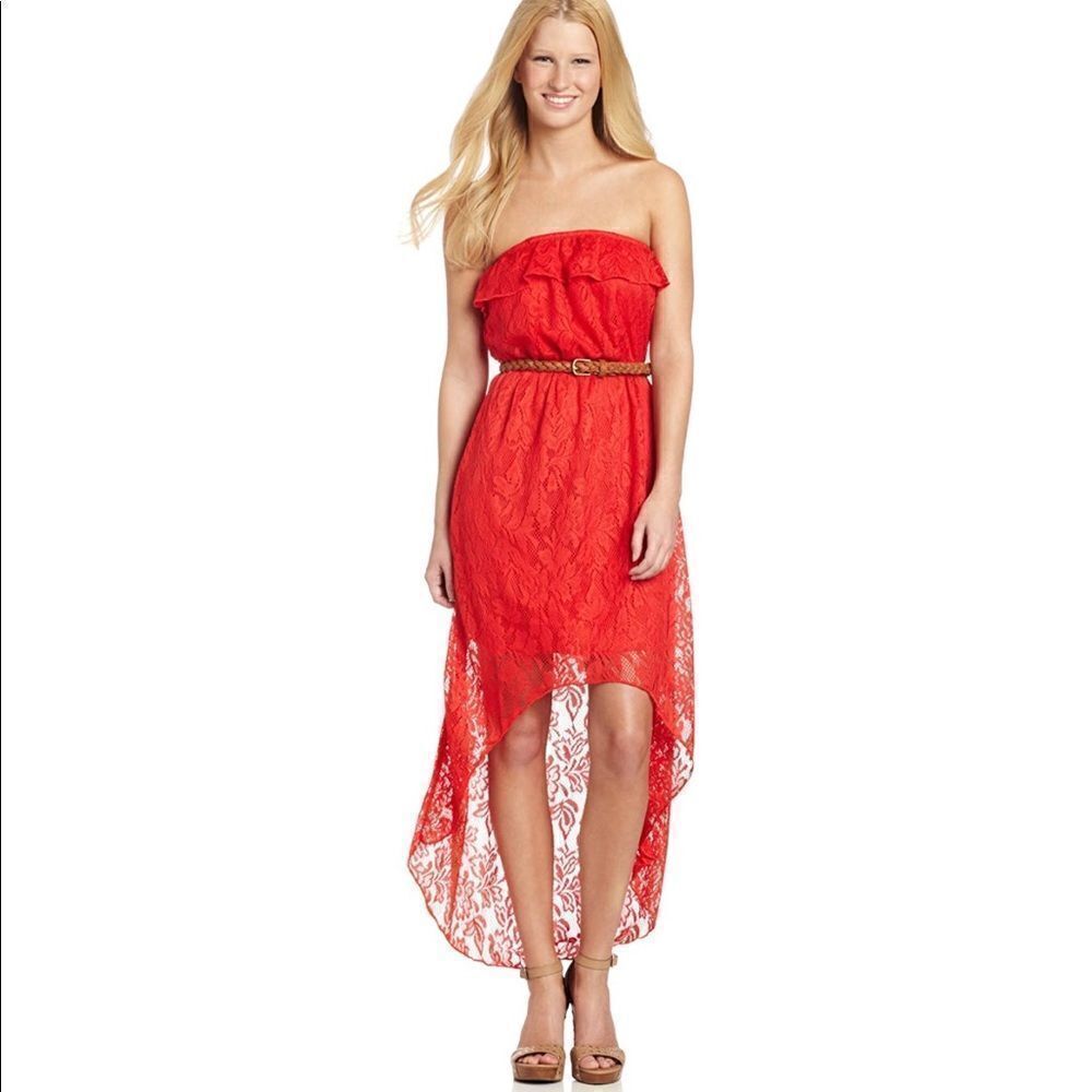 Trixxi Belted Strapless Lace Short Long Lace Dress, size Medium M